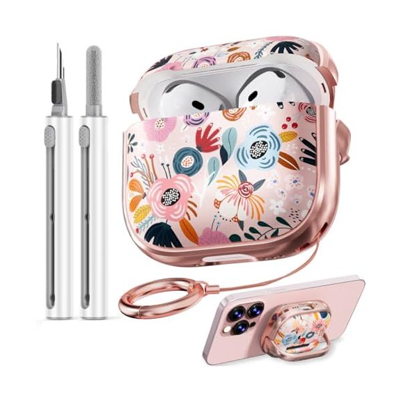 with Safety Lock for AirPods 4 Case 2024,Floral Cute AirPod 4th Generation Case for Women Girly with Cleaner Kit and Keychain- Pink Flower