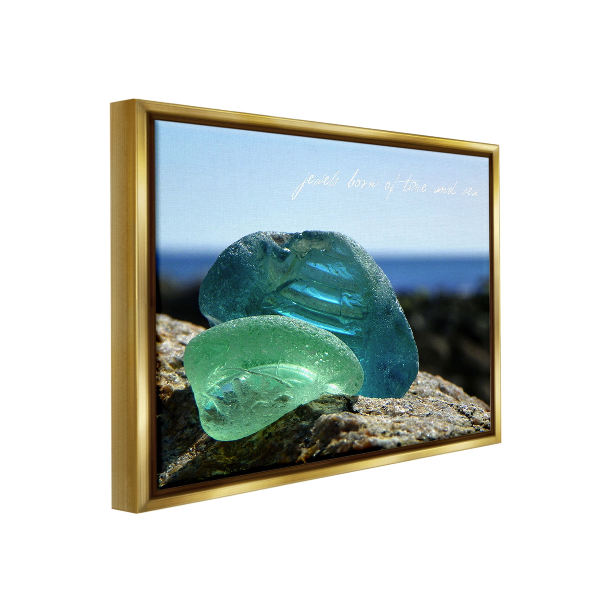Stupell Industries Sea Glass Photography Phrase Typography Photography Gold Floater Framed Canvas Art Print Wall Art, 21 x 17