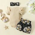 thumbnail image 4 of Baby Boy Outfits Girls Ribbed Short Sleeve Romper Tops Floral Shorts Headband Kids Clothes Khaki 6 Months-12 Months, 4 of 7