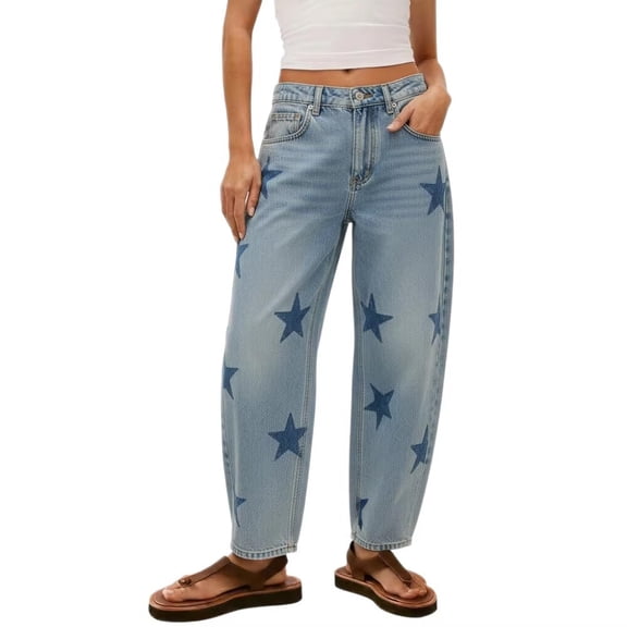 Women's Wide Leg Jeans Mid Waist Floral Print Bohemian Style Jeans Flowy Loose Stretchy Casual Denim Pants Trendy Fashion Vacation Travel Wear Light Blue