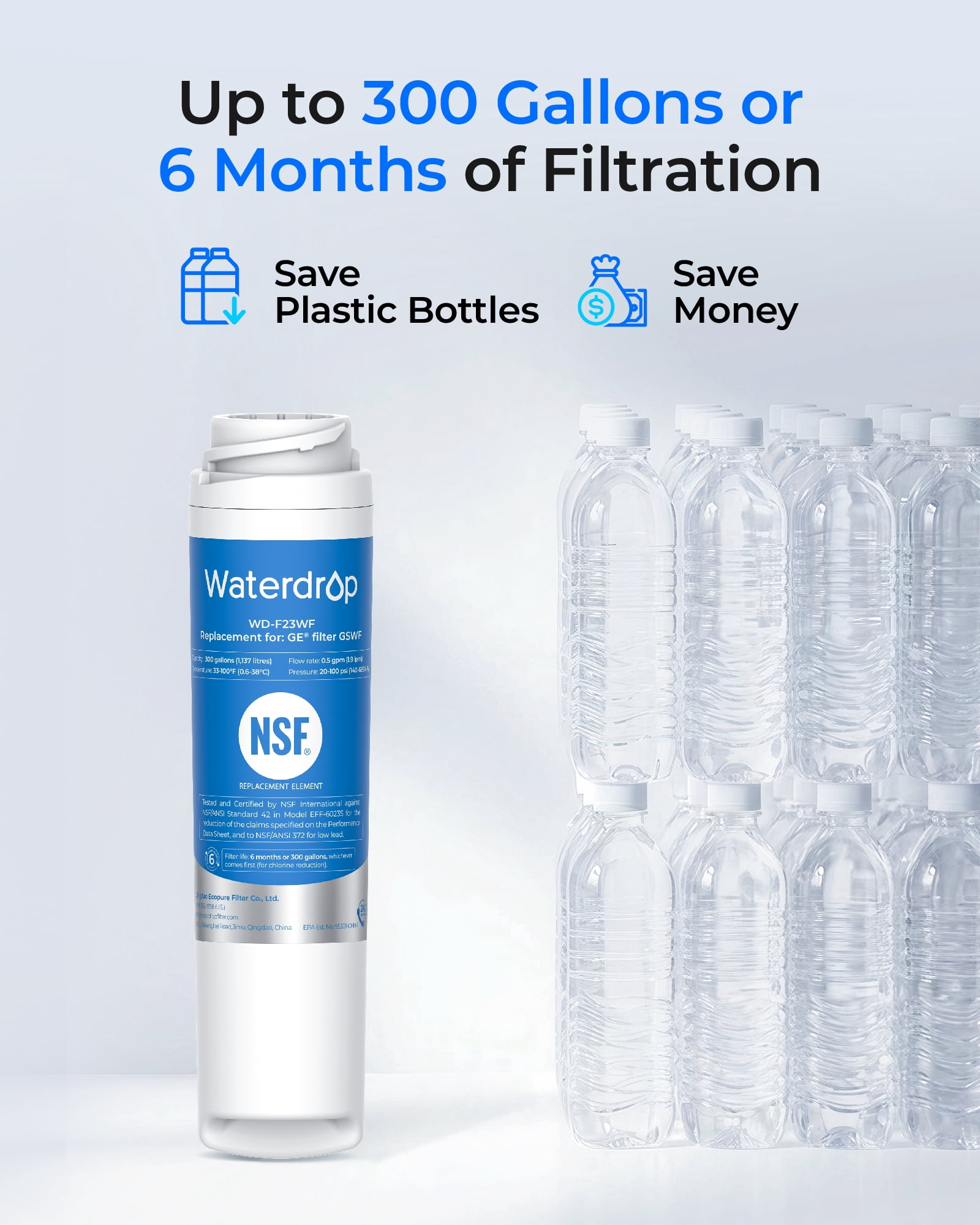 (6 Pack) Waterdrop GSWF Refrigerator Water Filter, Replacement for GE® GSWF Smart Water 238C2334P001, GSWFDS, 100749-C, Kenmore 46-9914, 469914, 9914 Refrigerator Water Filter