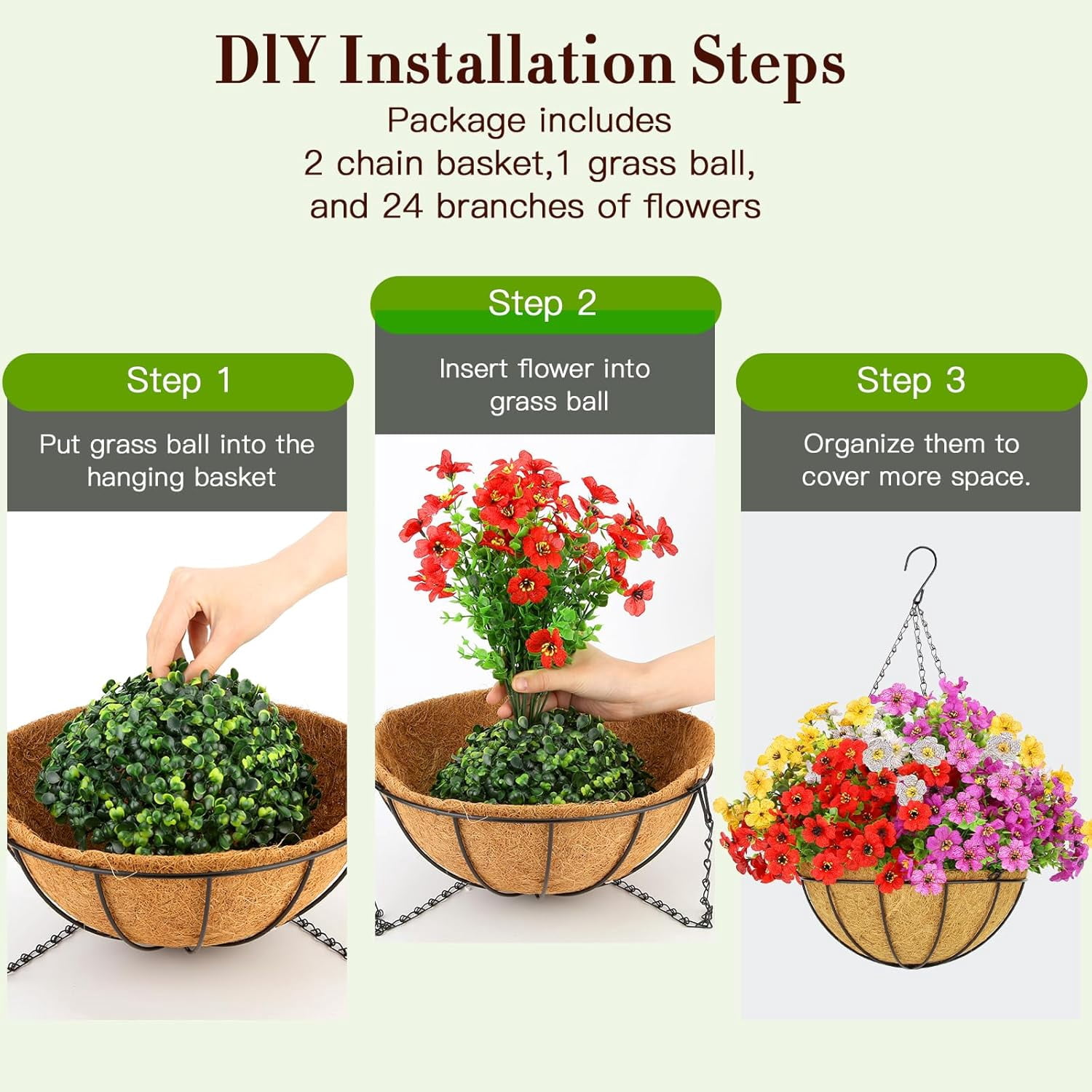 24 Bundles Artificial Hanging Flowers with 2 Baskets for Outdoors, Artificial Hanging Plants Outdoors, Fake Hanging Flowers Daisy Eucalyptus Realistic UV Resistant for Garden Patio Porch Summer Decor