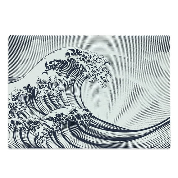 Hokusai Cutting Board, Vintage Woodcut Engraved Etching Style Oriental Japanese Waves Arrangement, Decorative Tempered Glass Cutting and Serving Board, in 3 Sizes, by Ambesonne