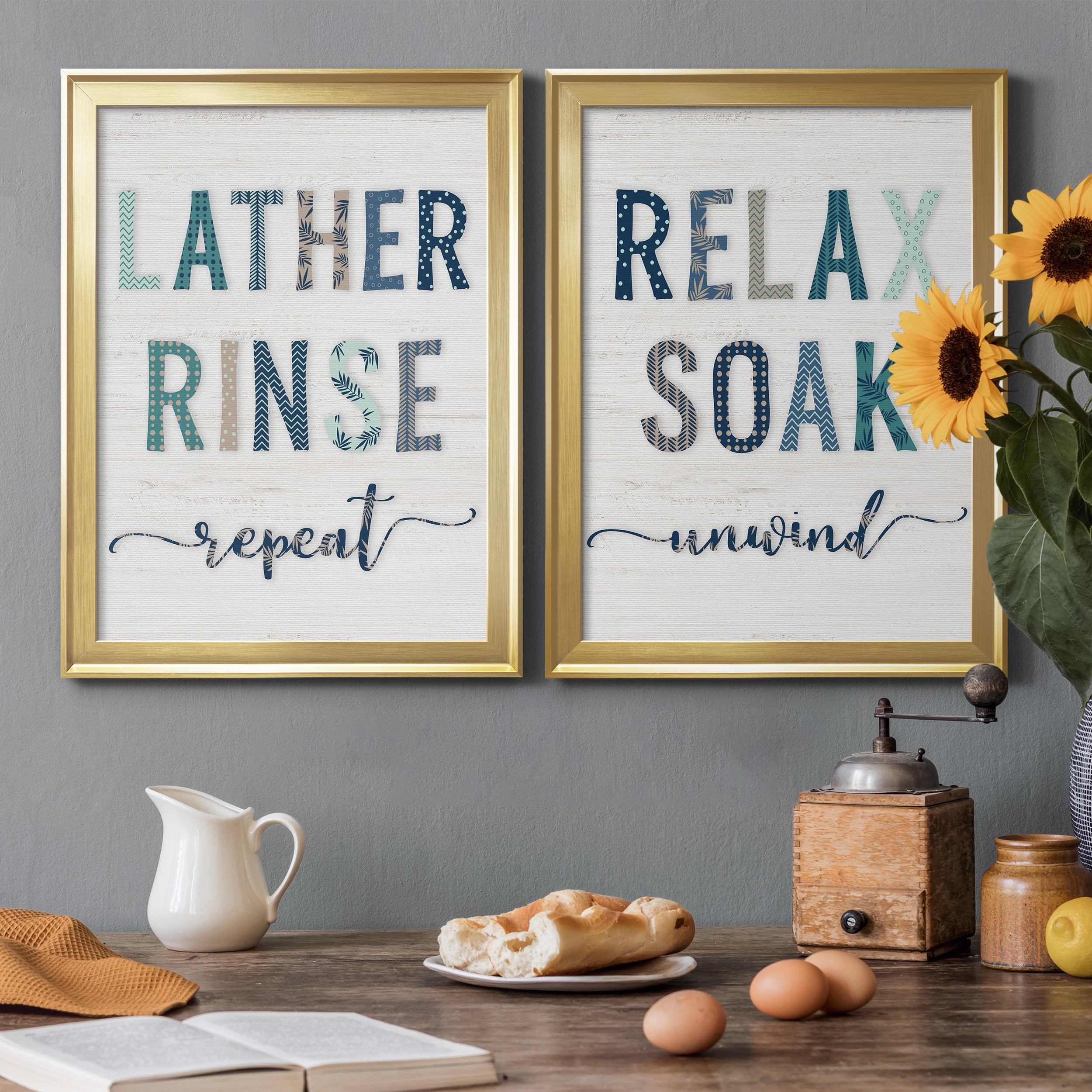 2 Piece Set Lather Rinse Repeat Premium Framed Canvas - Ready to Hang - 18.5 x 24.5 Each - Gold Frame