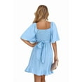 thumbnail image 3 of Women's Wrap Mini Dress V-Neck Flared Sleeves Smocked Waist Wedding Guest Outfit Light blue XL, 3 of 10