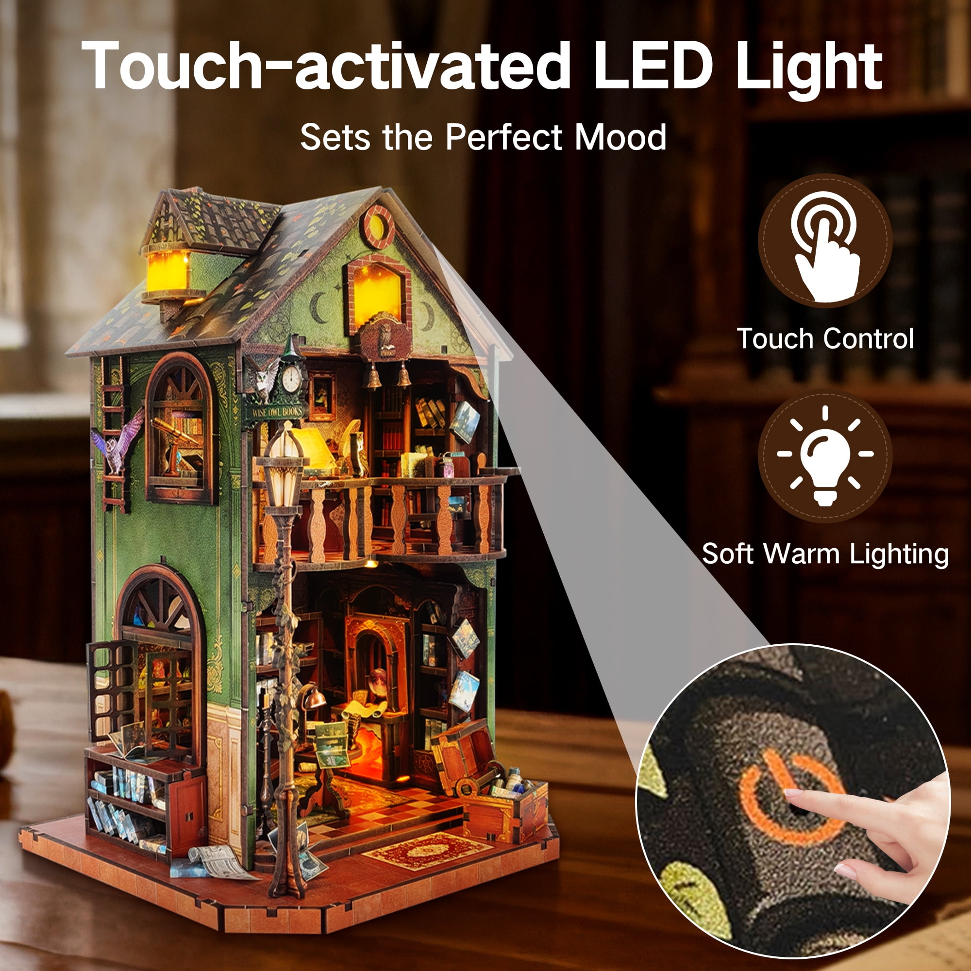 BELEEV Book Nook Kit,3D Wooden Puzzle，Owl Library Book Nook with Lights,DIY Miniature House Model Kit for Adults,Dollhouse Craft Kit Birthday Gift for Teens & Adults - Owl Library