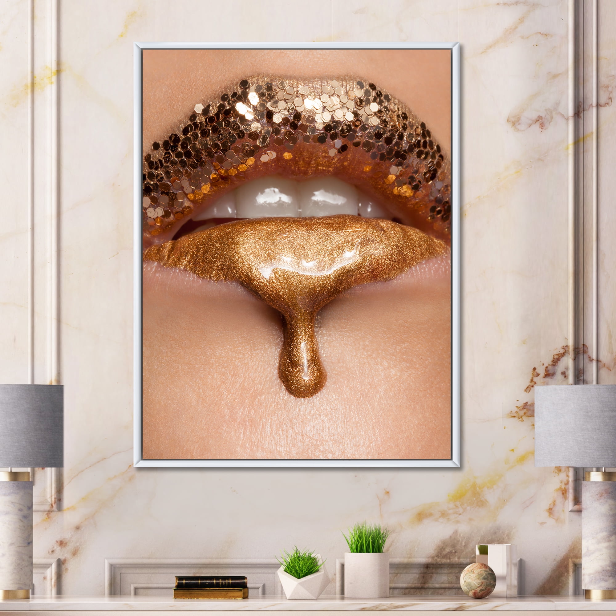 Designart 'Close-Up Of Woman Make-Up Of Gold Liquid Lips' Modern Framed Canvas Wall Art Print