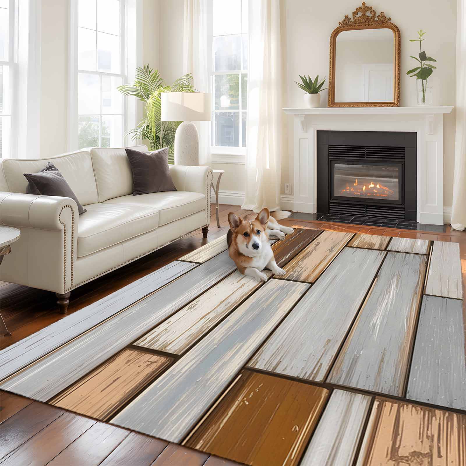 Large Area Rugs for Living Room Bedroom, Brown Grey Vintage 6'x9' Rug Washable Carpet Runner Indoor Outdoor, Retro Farmhouse Elegant Pastoral Non Slip Floor Mats Rug for Kitchen, Playroom