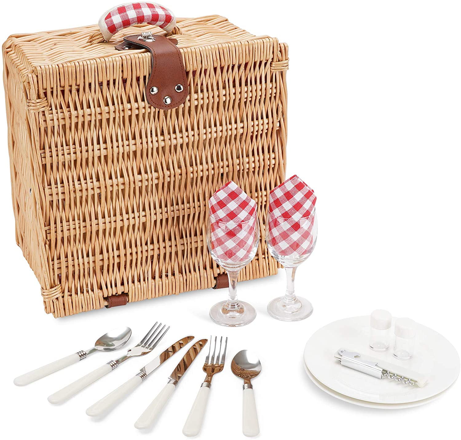 Reusable Plates Cups Utensils Red Plaid Wicker Picnic Basket Gift Set for 2 