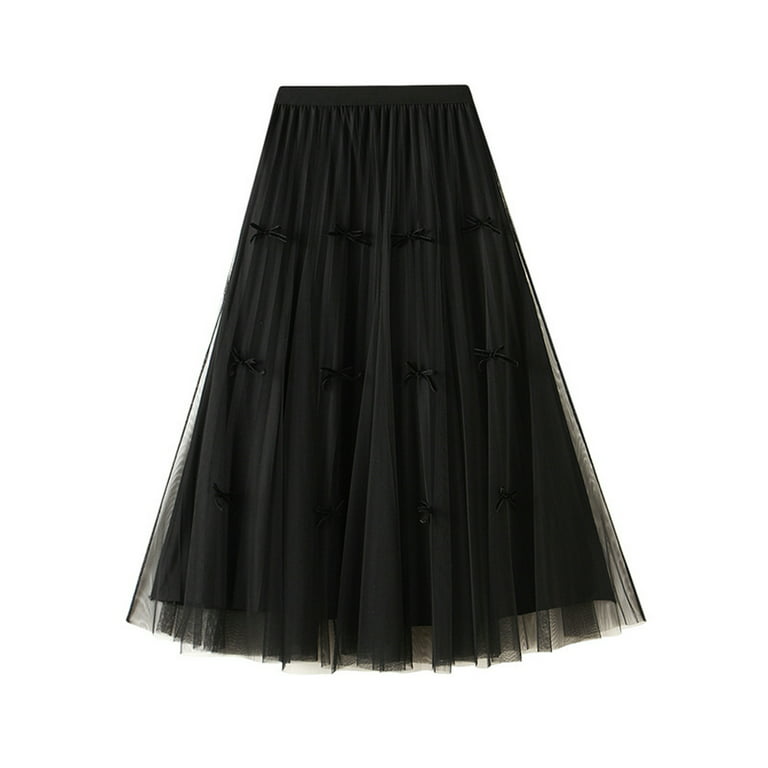Women Midi Skirt Tulle Skirt Mesh Pleated Elastic High Waist