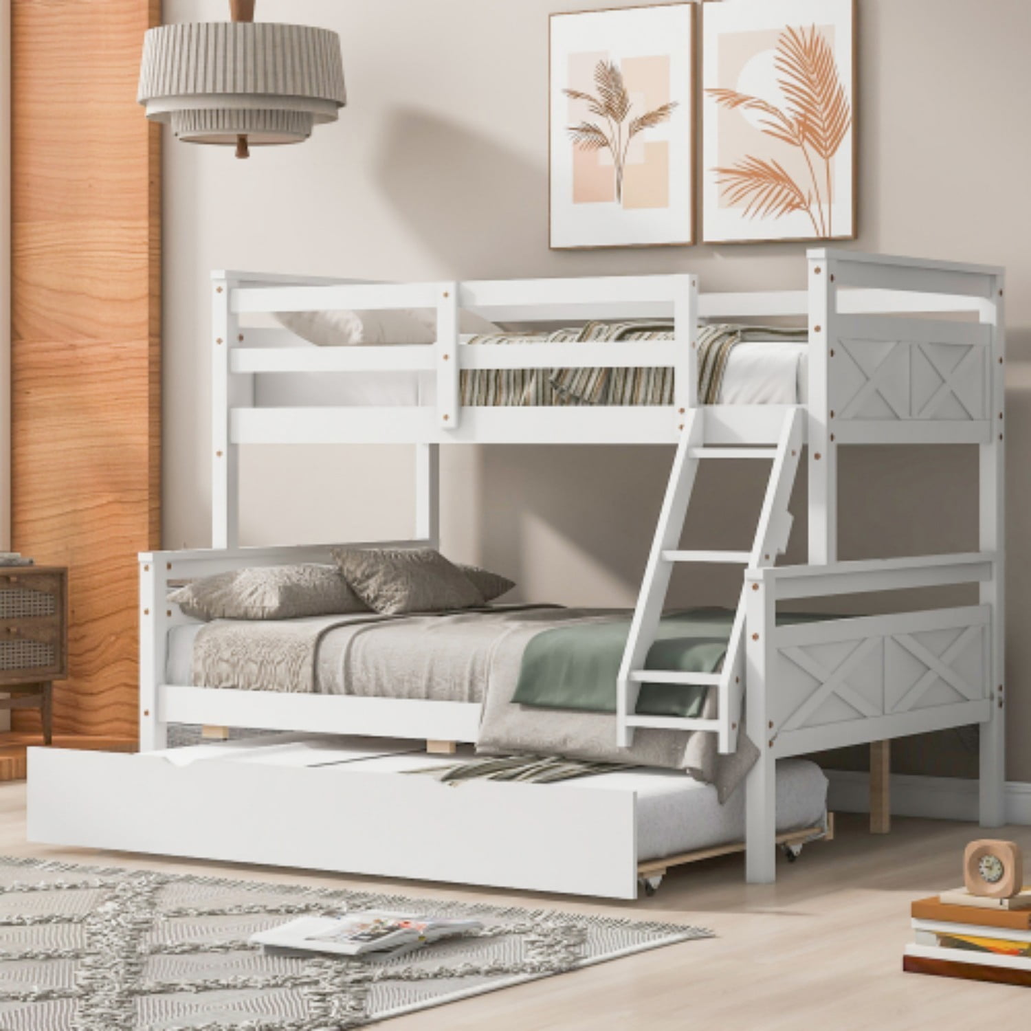 Twin Over Full Bunk Bed with Twin Trundle, Convertible Wood Bunk Bed with Ladder and Safety Guardrails, Twin Full Bed Frame for Kids Bedroom, White