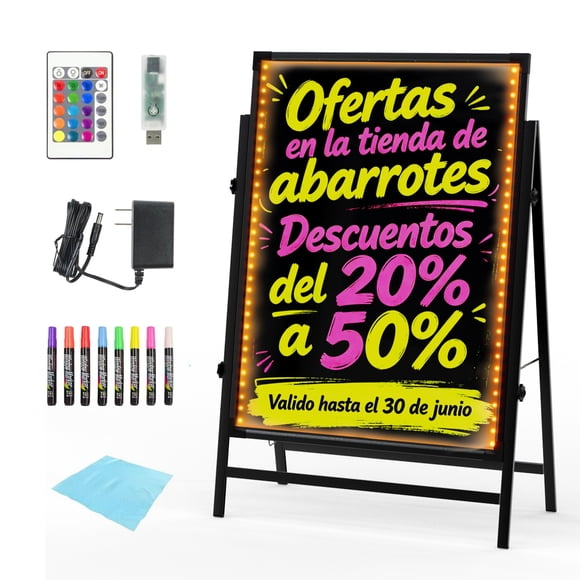 Foh Tablero de escritura de mensajes LED, Tablero de pizarra iluminado y borrable, efecto neón para menú cartel luminoso, con 8 marcadores de tiza fluorescente y control remoto (60x80 cm)
