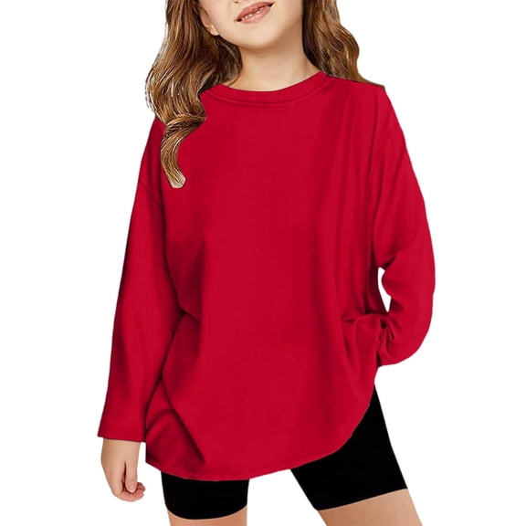 Dwellite Girls Oversized Tshirts Long Sleeve Crewneck Shirts Cotton Blend Fall Tops Tees 1-7 Years Red 130