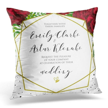 - ARHOME Wedding Floral with Red Burgundy Rose Flowers Palm Leaves Green Berries Elegant Geometrical Golden Pillow Case Pillow Cover 20x20 inch