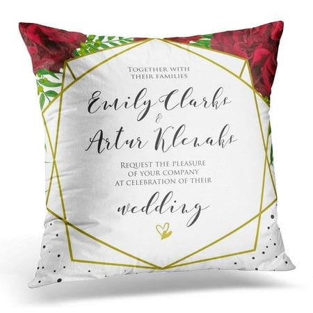 ARHOME Wedding Floral with Red Burgundy Rose Flowers Palm Leaves Green Berries Elegant Geometrical Golden Pillow Case Pillow Cover 20x20