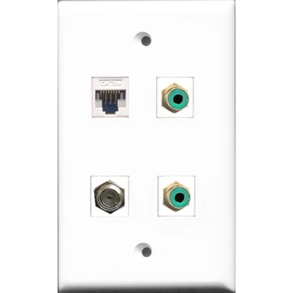 RiteAV - 2 Port RCA Green and 1 Port Coax Cable TV- F-Type and 1 Port Cat5e Ethernet White Wall Plate