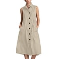 thumbnail image 2 of ClodeEU Women's Collared Sleeveless Button Down Linen Midi Dress,Casual Sundress with Pockets Beige,Women's Plus L, 2 of 6