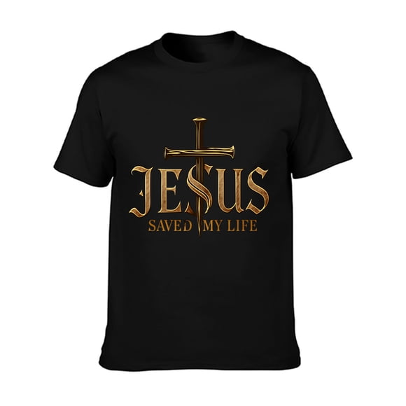 Christ Saved My Life Christian T-shirt Men's and Women's-180Gsm Thick 100 Strip Casual Crewneck T-shirt Cross and Letter Pattern Faith Clothing Suitable for Church, Casual Wear, Religious Activities-M