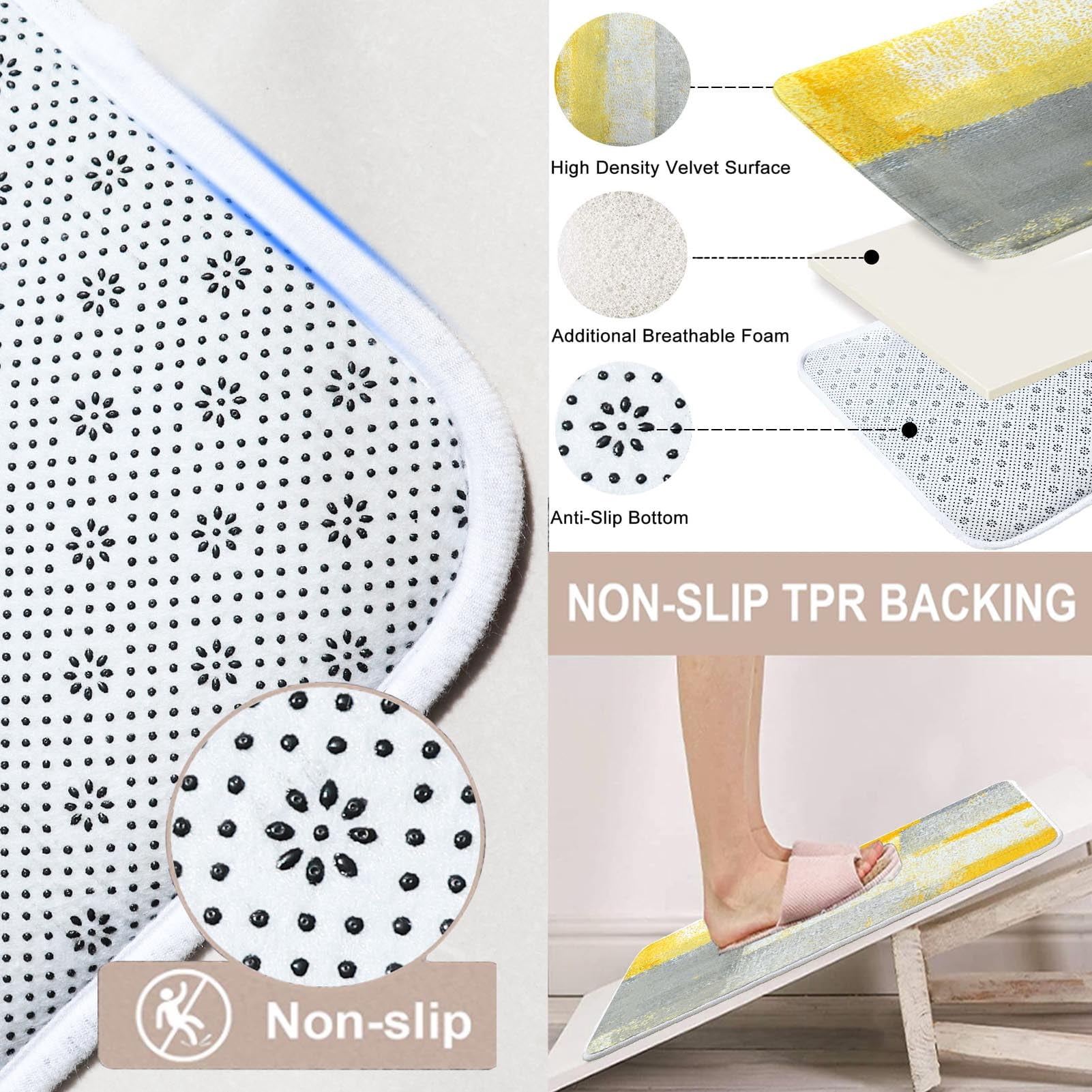 4 Pcs Shower Curtain Set Yellow Grey Abstract Painting Gray Vintage Retro with Non-Slip Rugs Toilet Lid Cover and Bath Mat Bathroom Decor Set