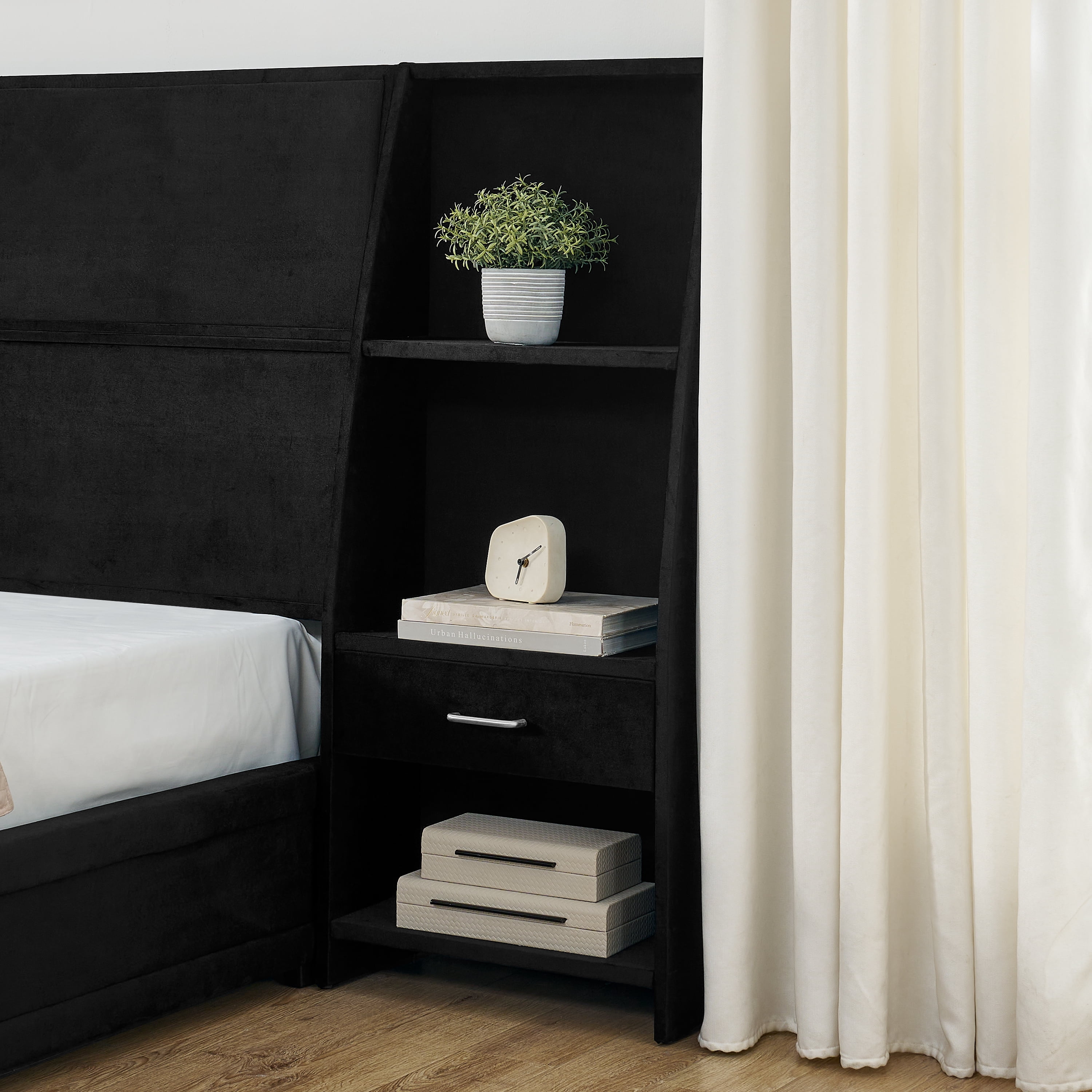 King Size Platform Bed Frame with Glossy Velvet Headboard, Side Bookcases & Drawer