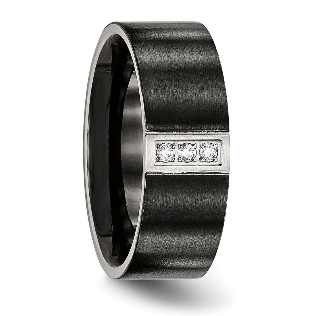 8mm Stainless Steel Brushed Black Ip Flat Three Cubic Zirconia Ring Size 10.5 Ring for Women