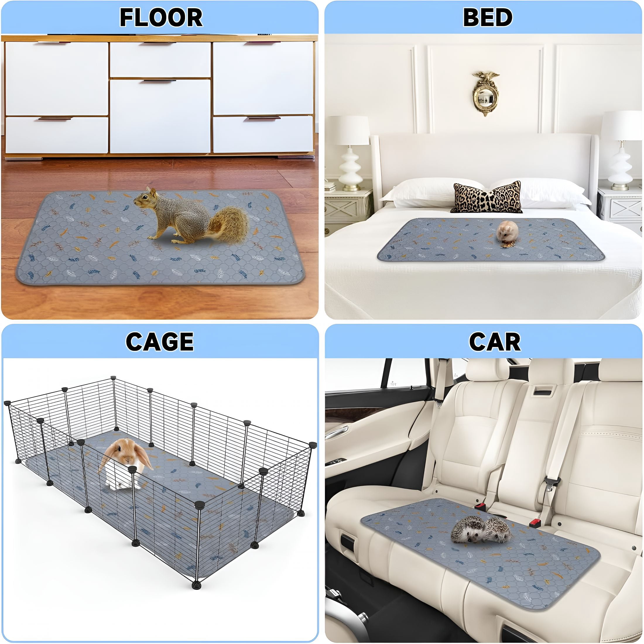 XIBUFE 2 Pack Washable Guinea Pig Pee Pads, 24" X 48" Waterproof Reusable Guinea Pig Cage Liners, Absorbent Bedding Training Mat for Small Animal Guinea Pigs Rabbit Bunny Hamster - Light Grey