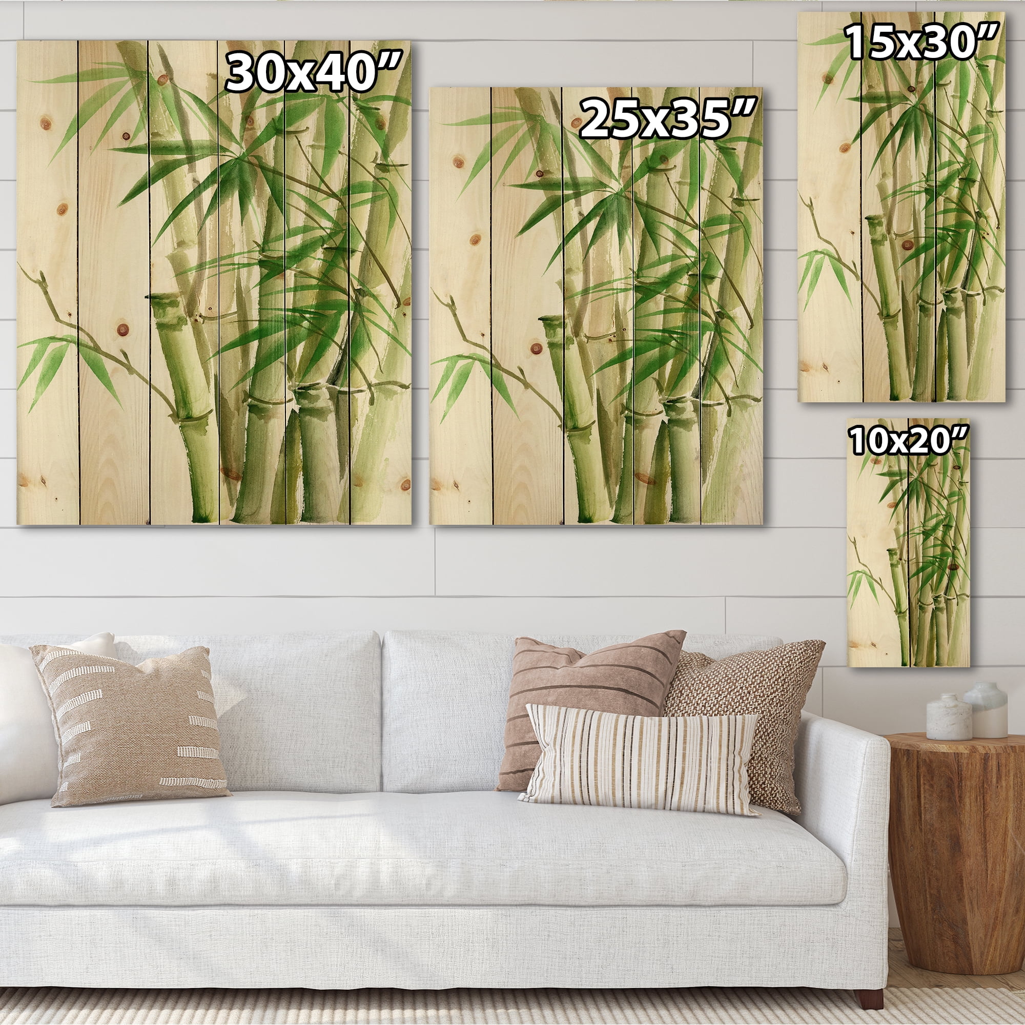 Designart 'Detail of Dark Green Bamboo and Leaves II' Traditional Print on Natural Pine Wood