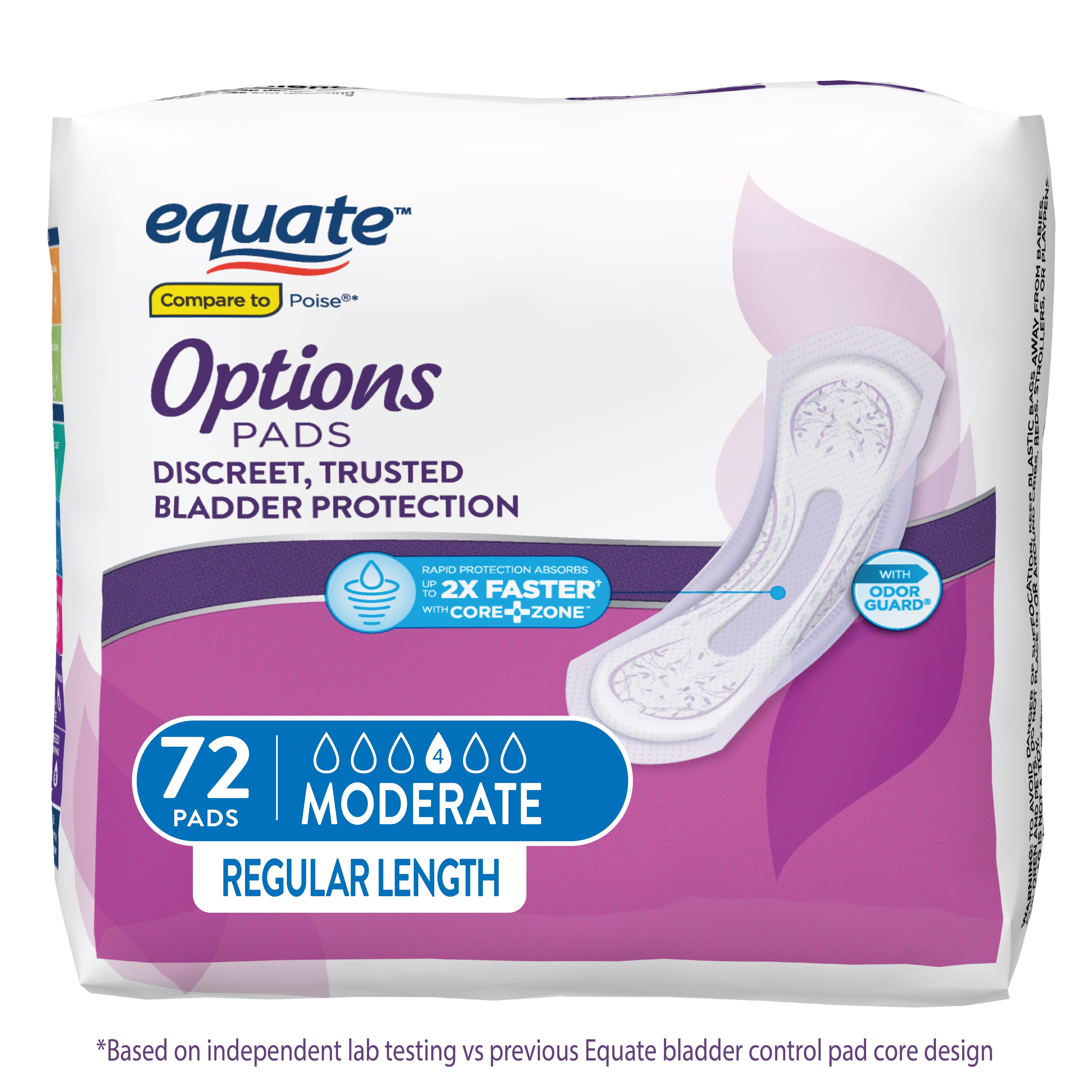(4 pack) Equate Options Women's Incontinence Pads, Moderate Absorbency, Regular Length, Size 2, 72 Count