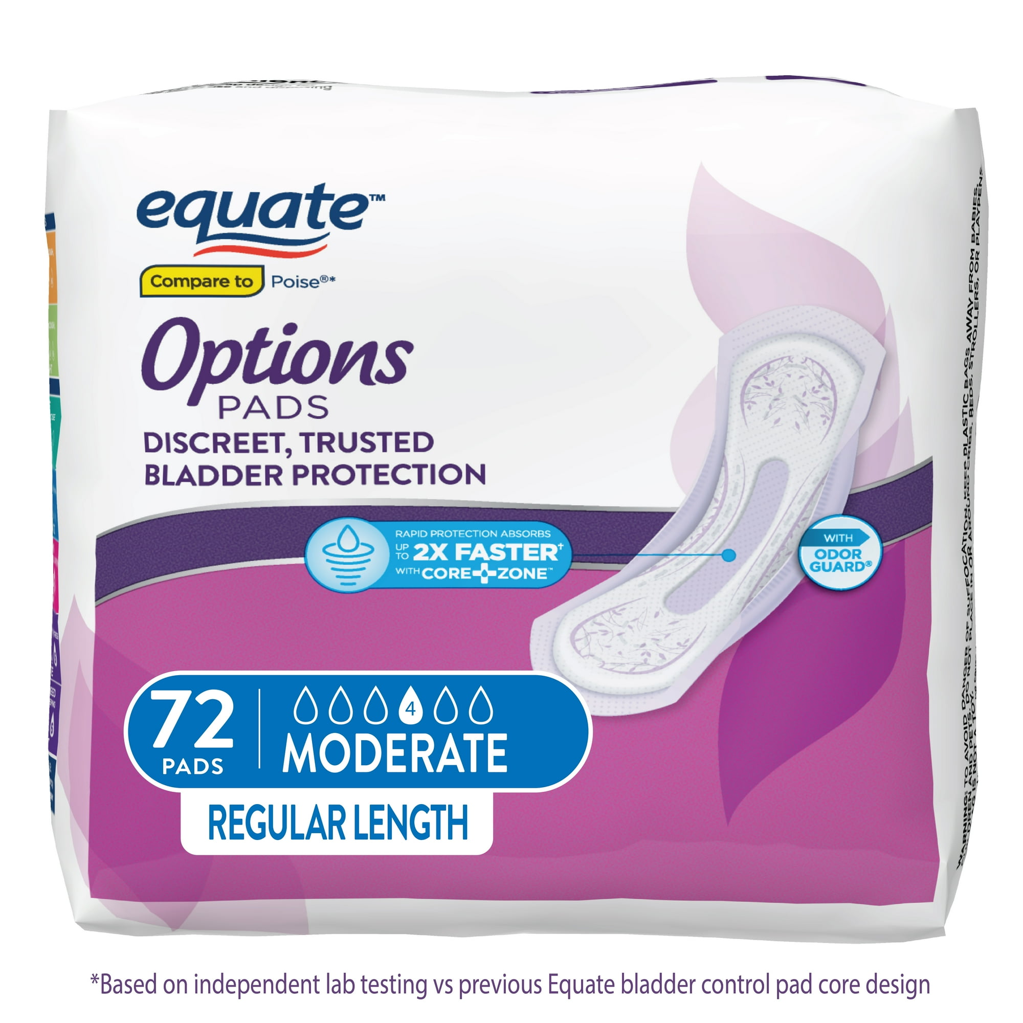 Equate Options Women's Incontinence Pads, Moderate Absorbency, Regular Length, Size 2, 72 Count