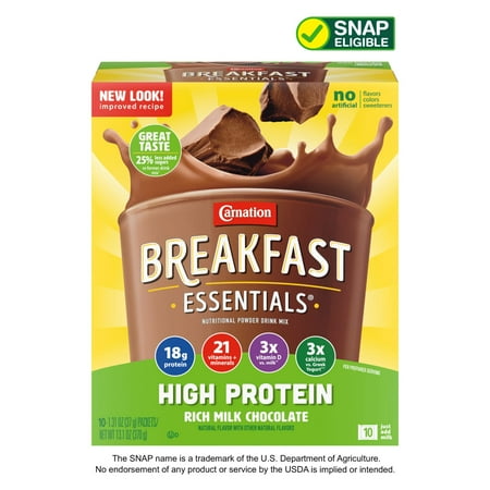 Carnation Breakfast Essentials Powder High Protein Nutritional Shake Drink Mix Packets, Rich Milk Chocolate Breakfast Shake, 10 Count