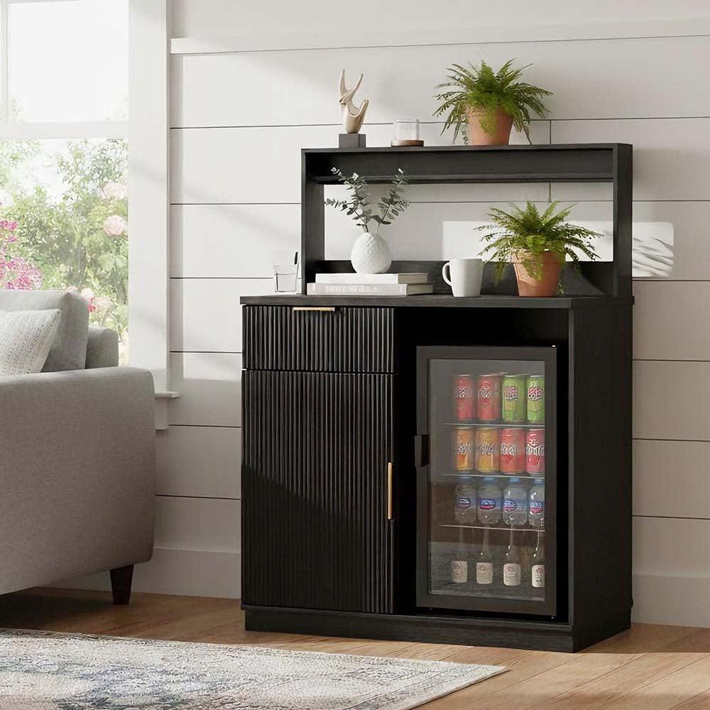Rosary Blenn Coffee Bar Cabinet with Mini Fridge Space and Power Outlet, 39" Matte Black Wood Grain Finish Kitchen Cabinet with Drawer