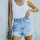 thumbnail image 4 of Pantalones cortos para mujer, cintura elástica, bolsillos con botones, bordes enrollados, pantalones cortos casuales simples de verano, azul claro L, 4 of 8