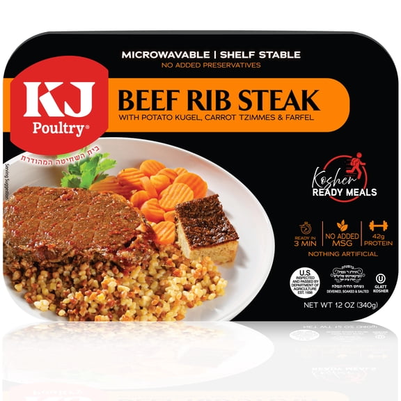 KJ Poultry Kosher Ready Meals - Beef Rib Steak & Kugel, MRE Meat Meals Ready to Eat, Shabbos Food (1 Pack) Prepared Entree Fully Cooked, Shelf Stable Microwave Dinner Travel Camping Survival