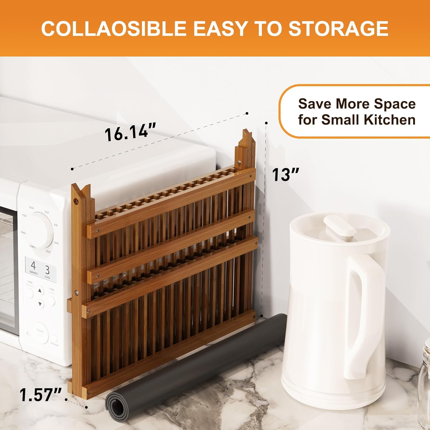 Teak Dish Drying Rack with Utensil Holder, 2 Tier Collapsible Dish Rack, Wooden Dish Racks for Kitchen Counter, Folding Drying Holder with Absorbent Dish Drying Mat