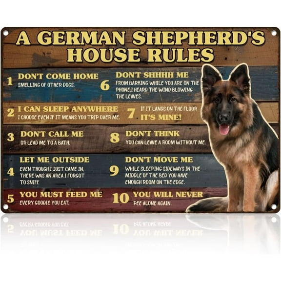German Shepherd's House Rules Tin Sign Retro Metal Wall Decor 8" x 12" Funny Dog Vintage Wall Art Poster for Home Cafe Room Dog Houses Indoor Outdoor Man Cave Decor Gift