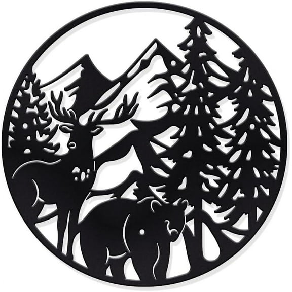 Forest & Animal Metal Wall Decor 11.5x11.5 Inch Deer Bear Pine Tree Wall Art Rustic Animal Hunting Decor for Home Bedroom Office Outdoor Decorations Black