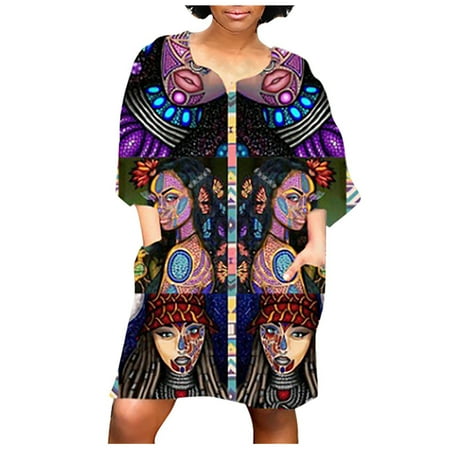 

Juebong Women Fashion African Vintage Print Middle Sleeve V Neck Casual Mini Dress