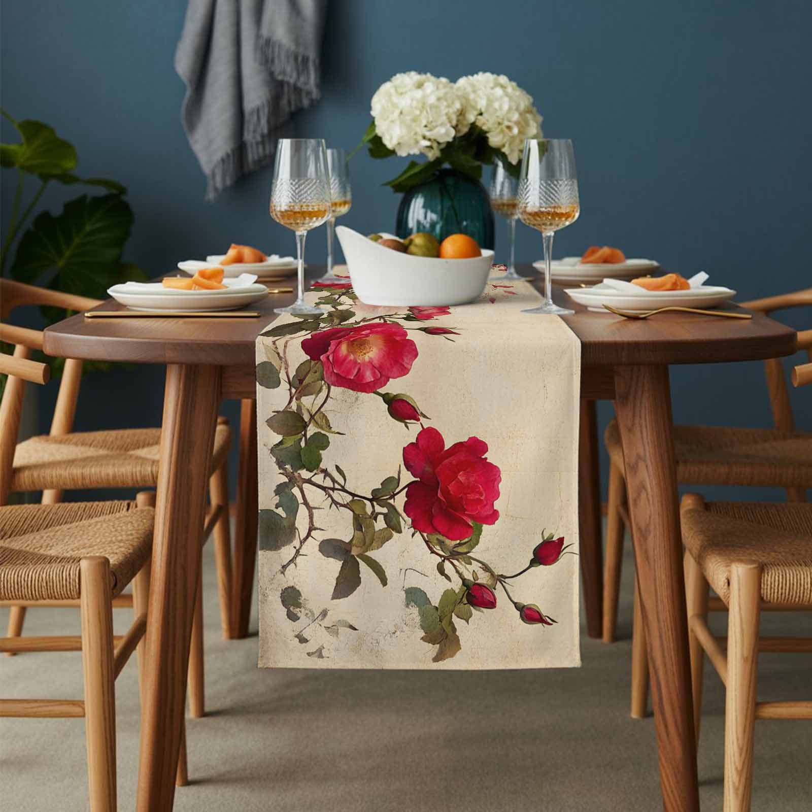 Spring Red Rose Table Runner 13x90 inch Country Watercolor Red Floral Green Leaf Linen Cotton Linen Dining Table Runner Ideal for Dresser Kitchen Coffee Tables - Machine Washable