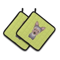 Checkerboard Lime Green Yorkie Puppy Pair of Pot Holders