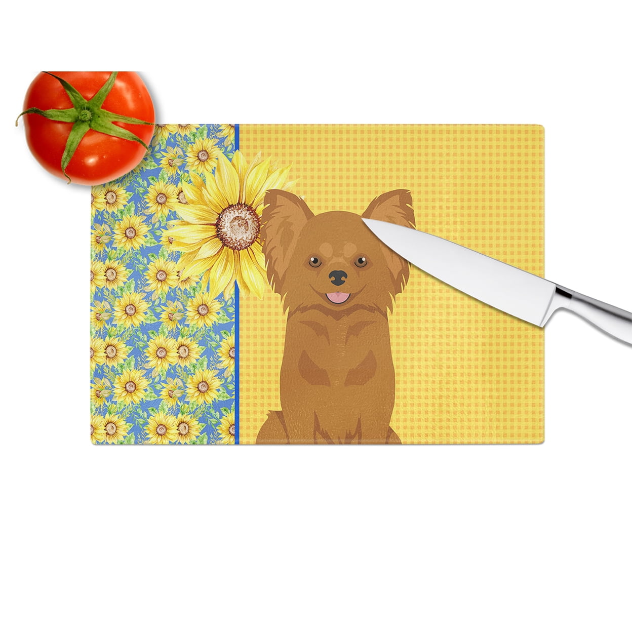 Summer Sunflowers Longhaired Red Chihuahua Glass Cutting Board Large 12 in x 15 in