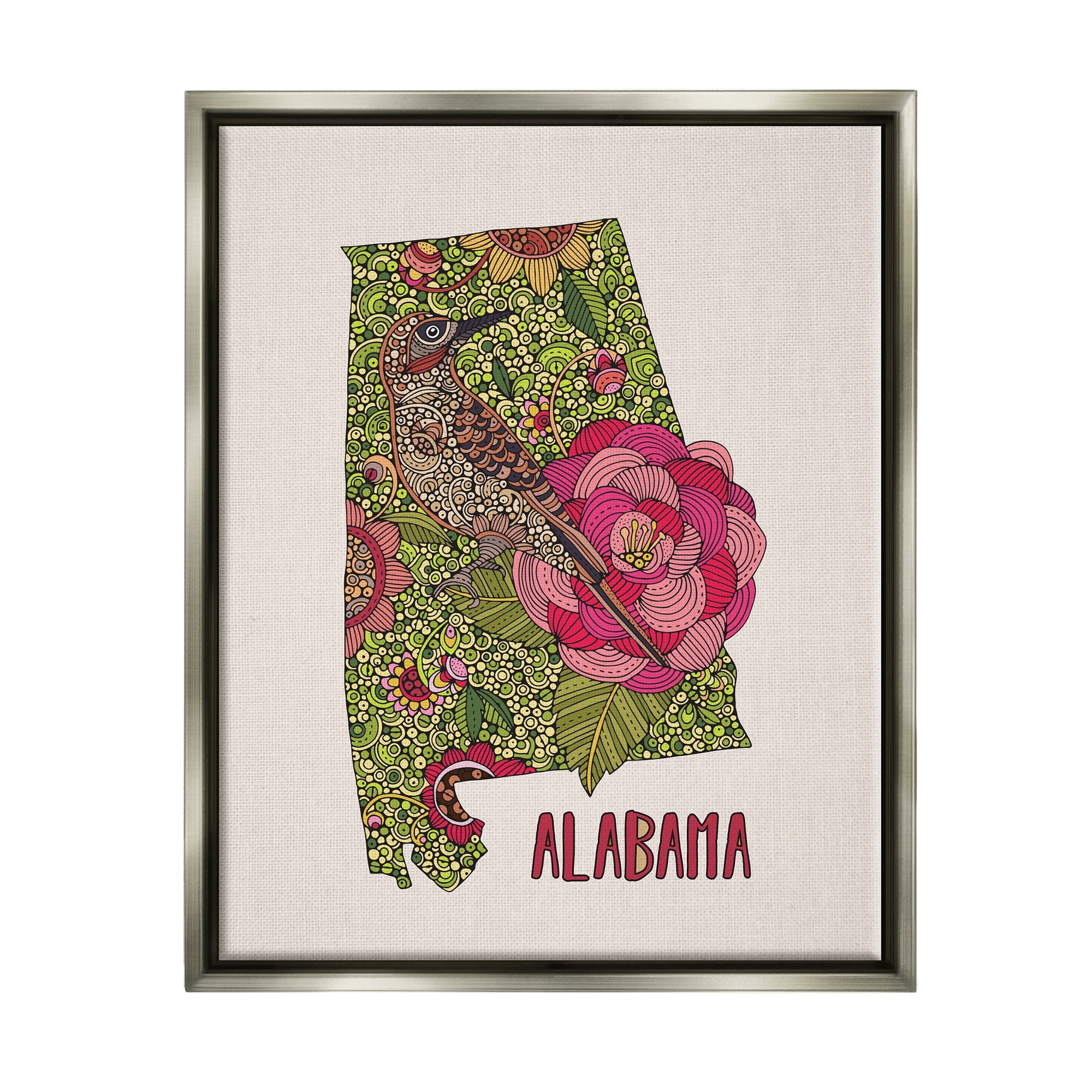 Stupell Industries Intricate Alabama Camellia Flower Bird Detailed Pattern Graphic Art Luster Gray Floating Framed Canvas Print Wall Art, Design by Valentina Harper