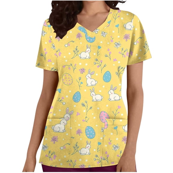 Craaazy Easter Clothes Women Casual V Neck Printed Soft Nursing Uniform Short Sleeve Tops with Pockets Gifts