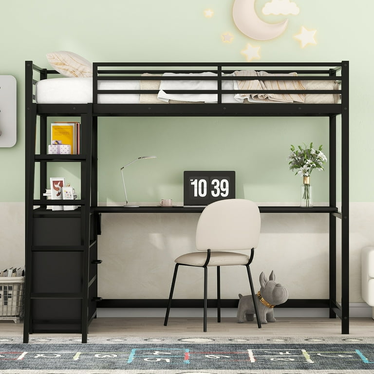 Euroco Twin Size Metal Wood Loft Bed for Kids Built in Desk Shelf and Drawers for Study and Storage Space Saving Metal Frame Black