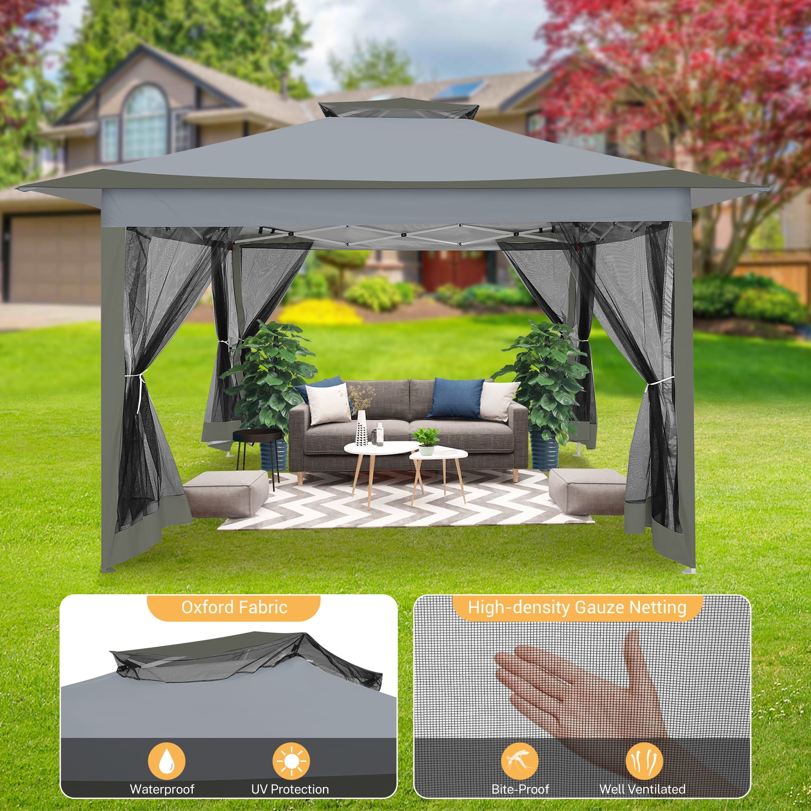 COBIZI 12'x12' Pop-up Gazebo Patio Gazebo Outdoor Gazebo Canopy with Mosquito Netting Patio Tent Backyard Canopy with 2-Tiered Vented Top 3 Adjustable Height and 144 Square Ft of Shade, Dark Gray