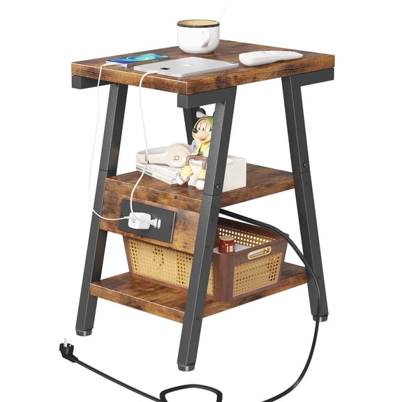 End Table with Charging Station, Small Side Tables with Lucky 7 Metal Shape, 3-Tier Nightstand with Outlets and USB Ports, Adjustable Leveling Feet, side Table for Living Room, Bedroom (Rustic Brown)