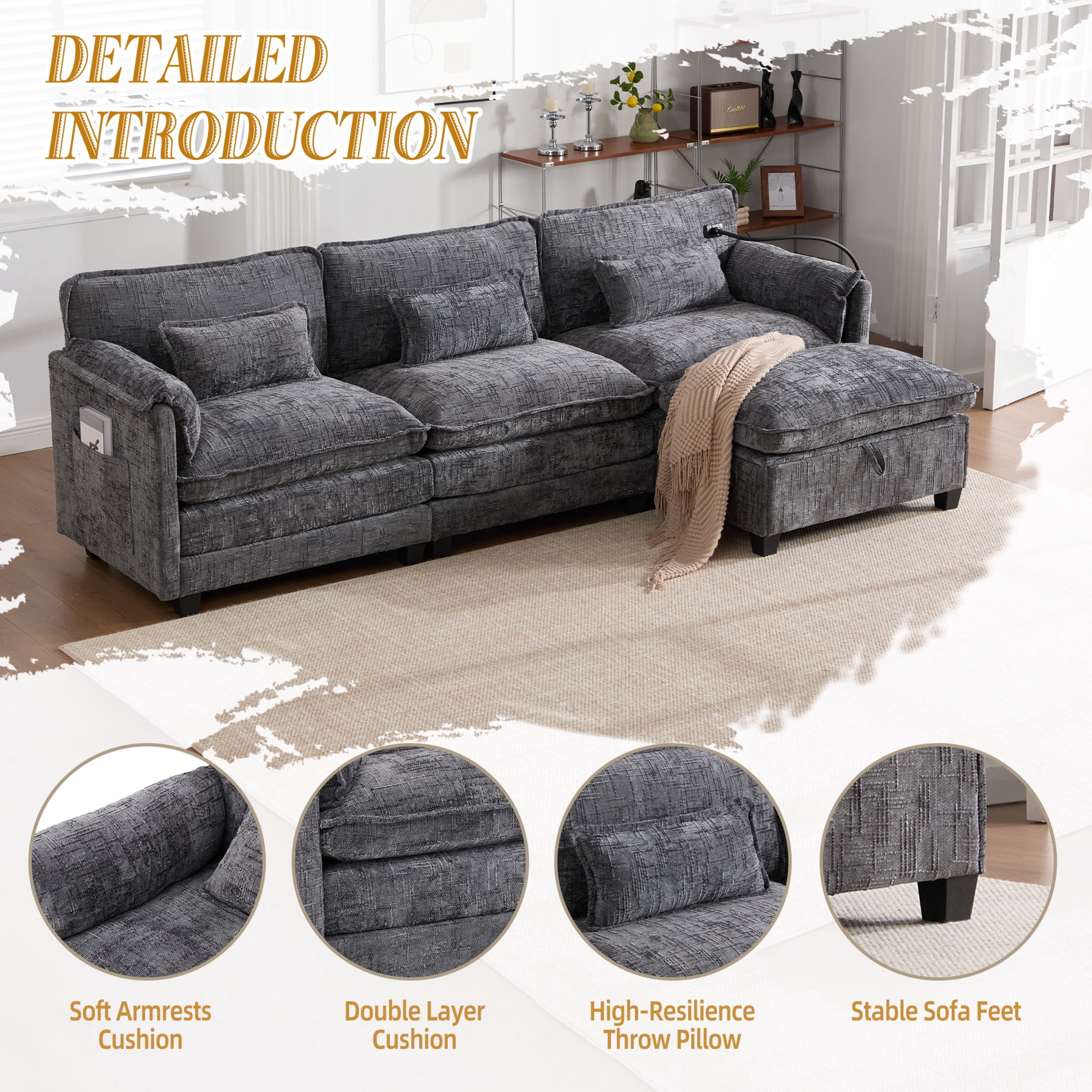 Noble House Modern 112" Oversized L-Shape Sectional Sofa, Chenille Cloud Couch with Modular Storage Ottoman, Gray