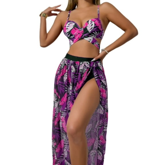 Women Swimming Costume Set 3 Pieces Swimwear with Long Beach Skirt Flower Print Swimsuits Bathing Suit for Beachwear