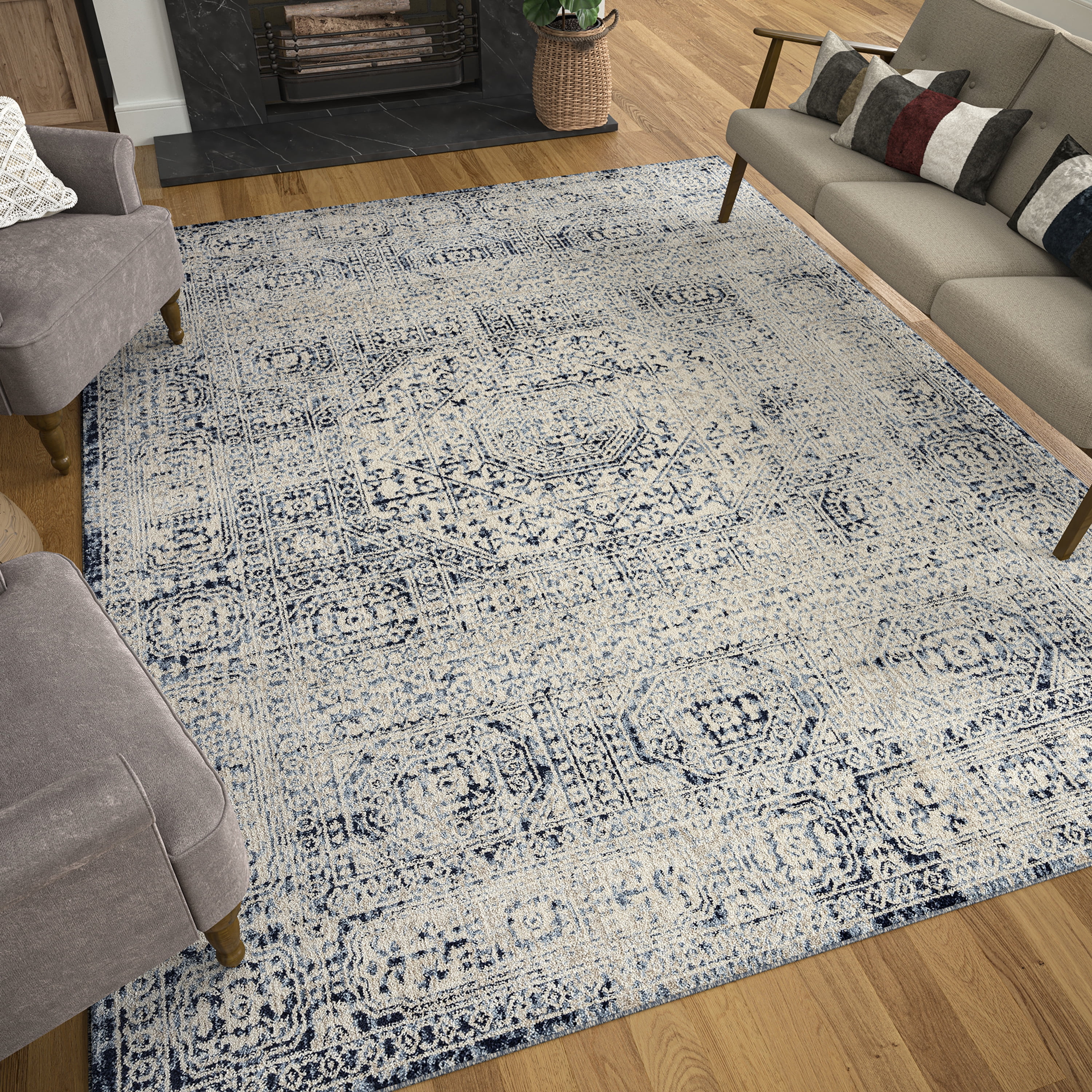 Traditional 8x10 Area Rug (7'11'' x 10'3'') Oriental Blue, Blue Living Room Easy to Clean
