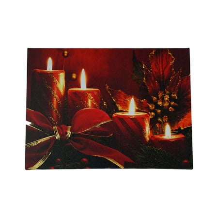 Red Canvases LED Lighted Red Glitter Striped Candles with Poinsettia & Bow Christmas Canvas Wall Art 12