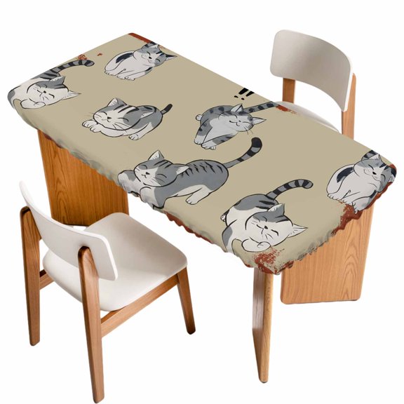 Cute Cat Table Cloths for 4 Foot Rectangle Tables, Burnt Orange Beige Vintage Animal Patio Waterproof Elastic Fitted Tablecloths, Washable Rectangular Table Cover for Camping